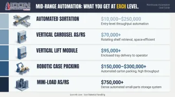 Mid-range warehouse automation systems pricing tiers from carousels to robotic AS/RS