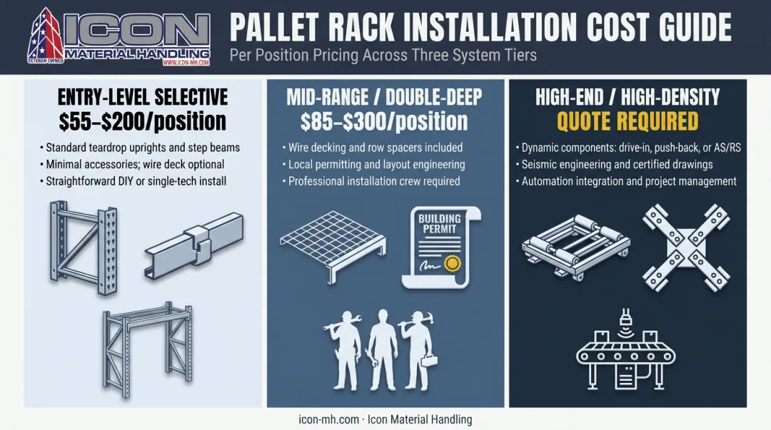 Three-tier warehouse rack installation cost comparison per pallet position infographic