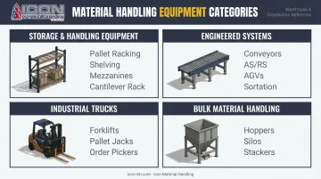 Four main material handling equipment categories with examples and icons