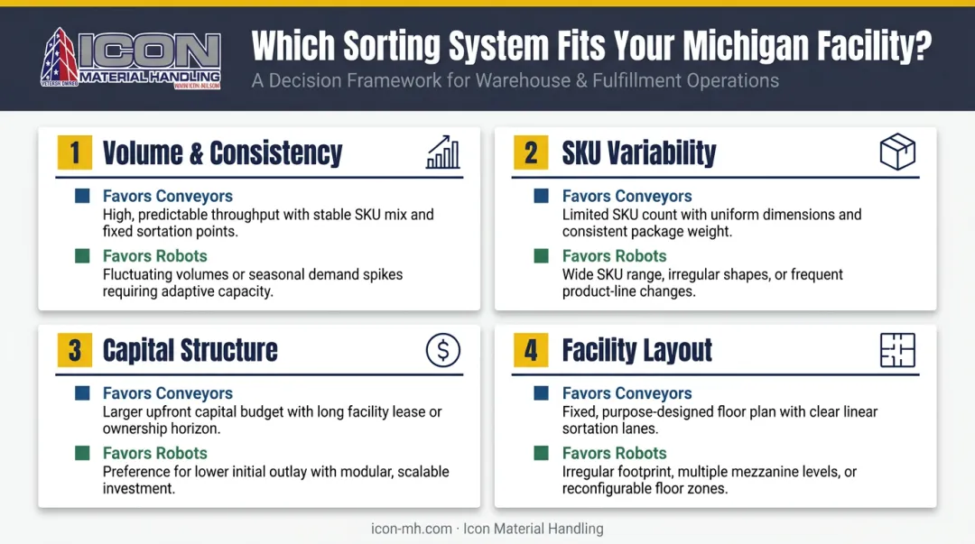 Four-factor decision framework for choosing conveyor or robotic sorter system