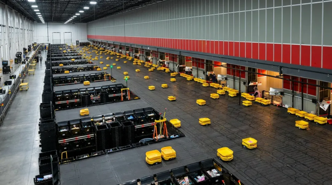 Third-party logistics warehouse with robotic sorting fleet handling multiple brand SKUs