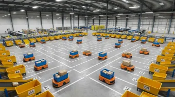 Autonomous mobile robots sorting parcels in modern warehouse distribution facility