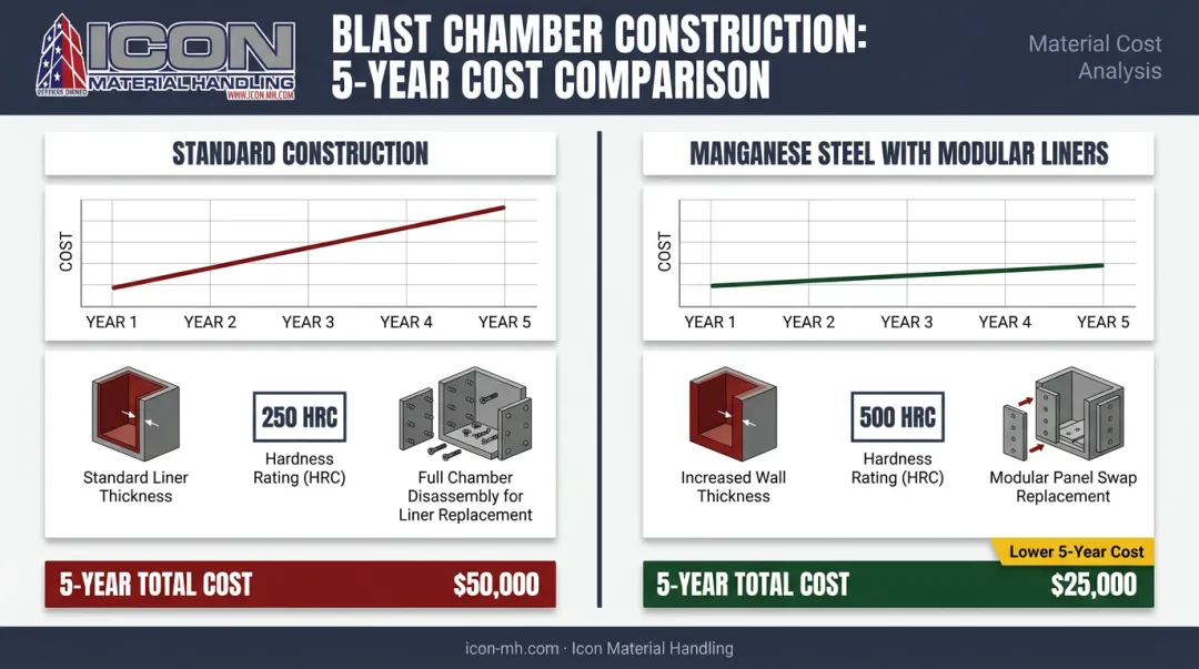 Blast chamber liner wear cost comparison over five-year ownership horizon infographic