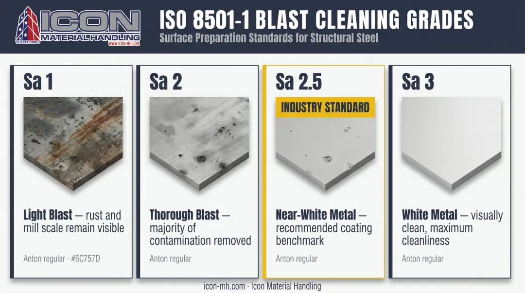 ISO 8501-1 blast cleanliness grades Sa1 through Sa3 visual comparison scale infographic