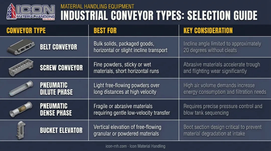Bulk material conveyor type comparison chart with best use cases and key considerations