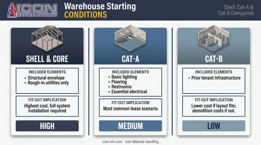 Three warehouse fit-out starting conditions Shell Core Cat-A Cat-B comparison chart