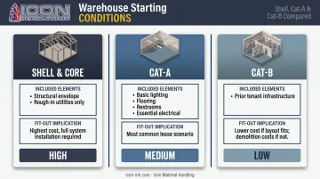 Three warehouse fit-out starting conditions Shell Core Cat-A Cat-B comparison chart