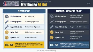 Budget versus premium automated warehouse fit-out side-by-side comparison infographic