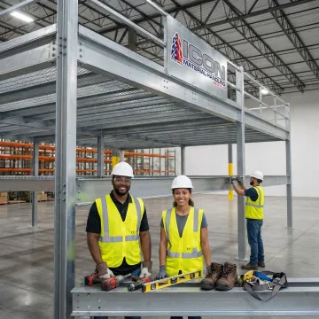 Industrial mezzanine installation process with workers assembling steel structure in a warehouse
