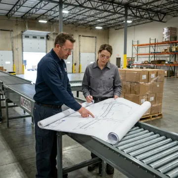 Technician planning conveyor installation in a packaging facility