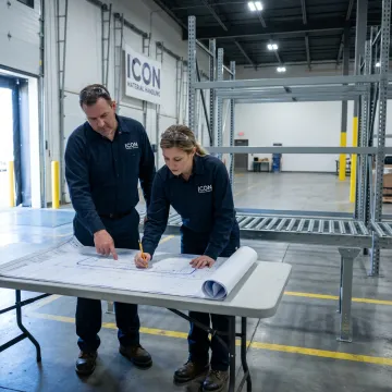 Team reviewing custom warehouse fabrication plans