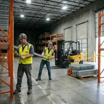 Warehouse crew dismantling industrial racking