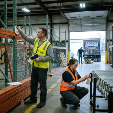 Warehouse team preparing used racking for removal