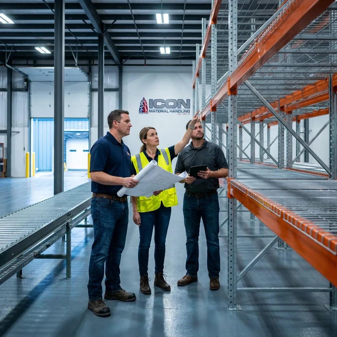 Warehouse installation team reviewing material handling equipment