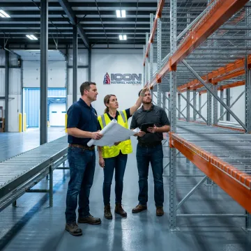 Warehouse installation team reviewing material handling equipment