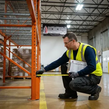 Technician measuring pallet rack beam specifications