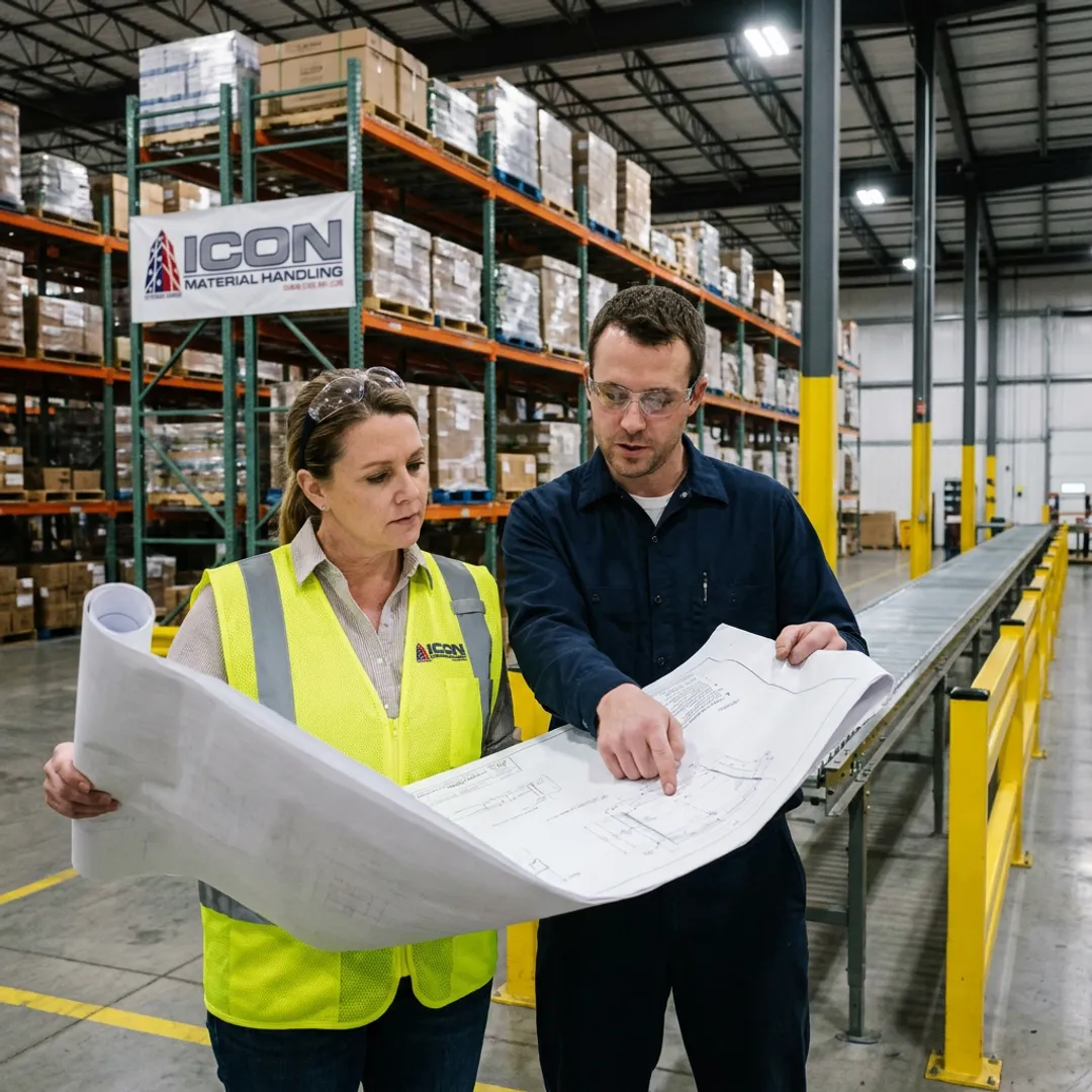 Warehouse engineering team planning material handling layout