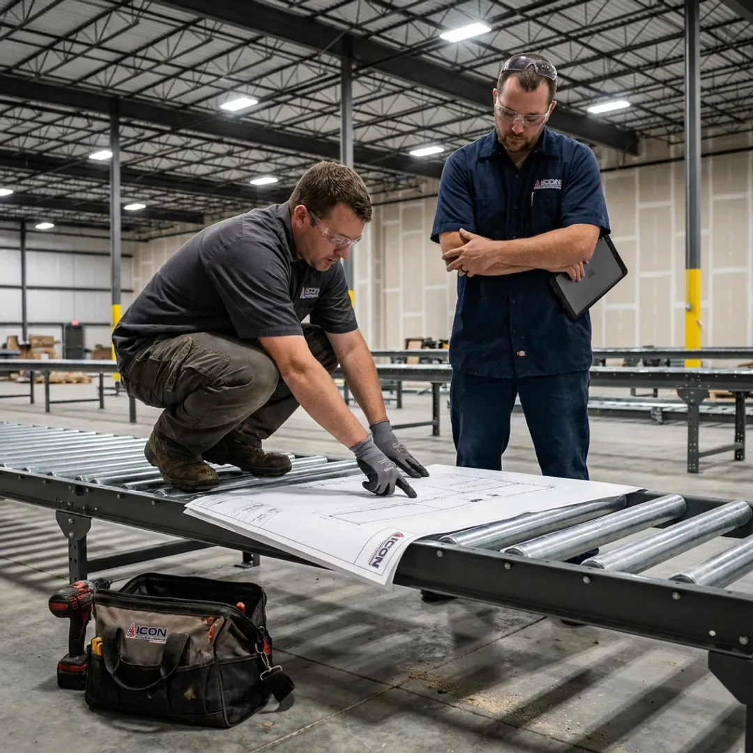 Conveyor installation team reviewing layout plans