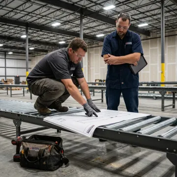 Conveyor installation team reviewing layout plans