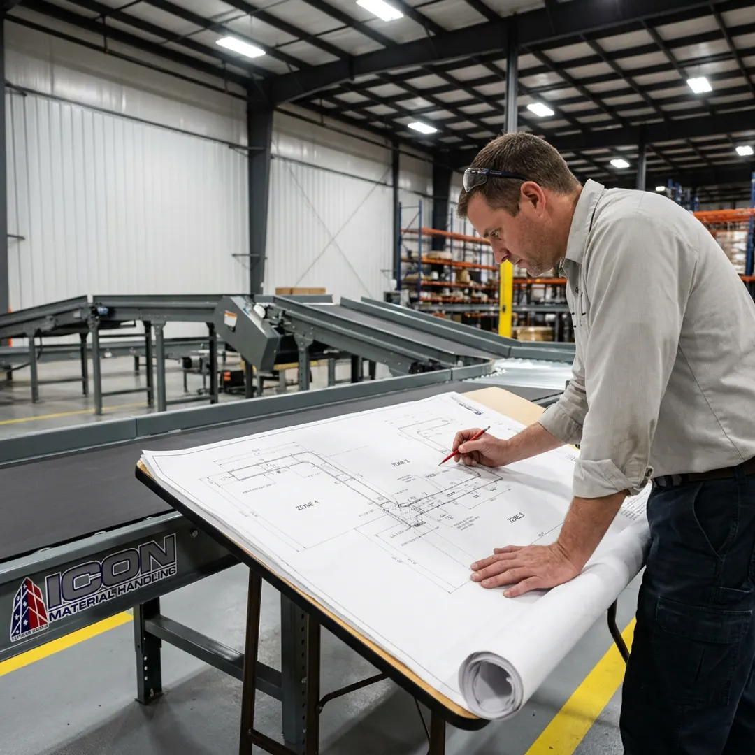 Engineer reviewing conveyor automation layout