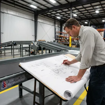 Engineer reviewing conveyor automation layout