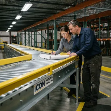 Technicians planning conveyor installation in industrial facility