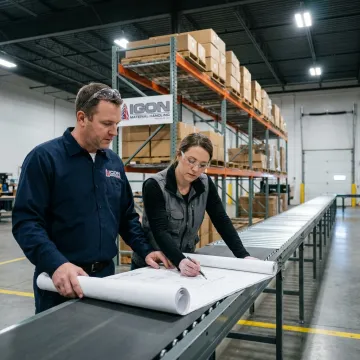 Technicians planning an automated conveyor installation in an industrial facility