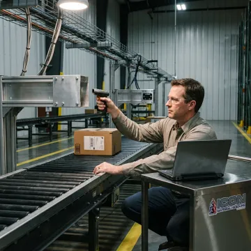 Engineer setting up a conveyor barcode scanning system