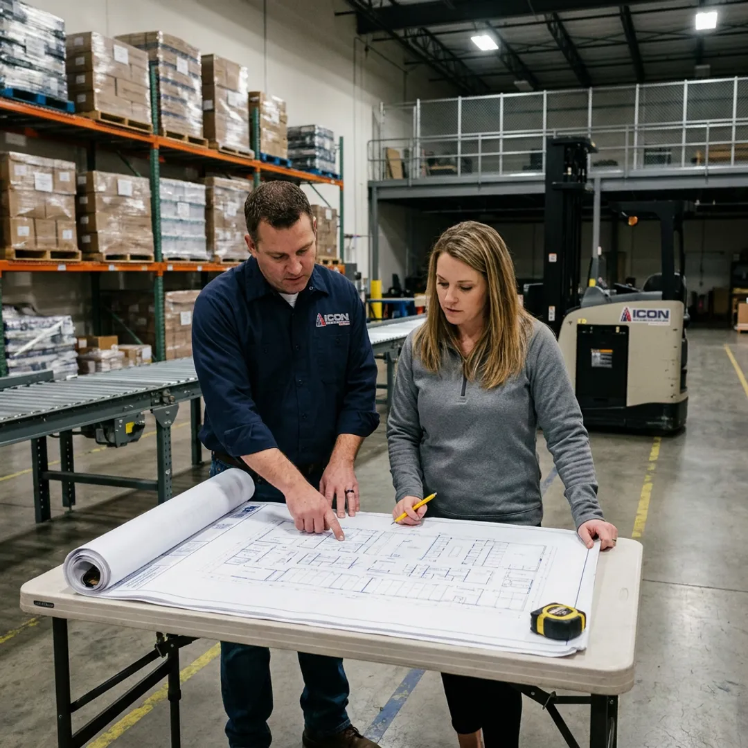 Warehouse specialists planning racking and conveyor installation