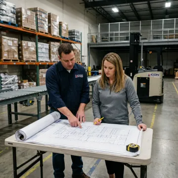 Warehouse specialists planning racking and conveyor installation