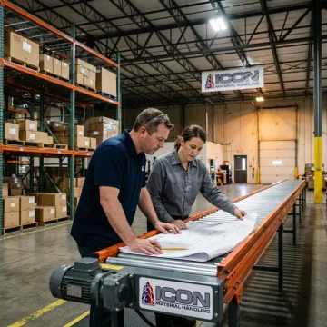 Technicians planning a conveyor system installation