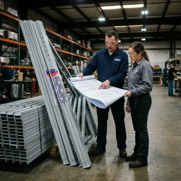 Industrial team reviewing custom rack plans