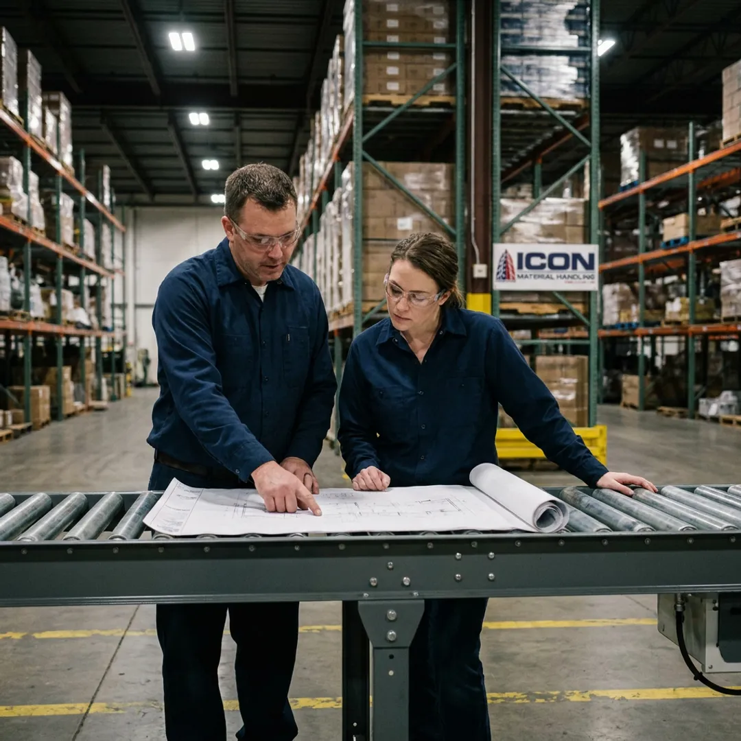 Technicians planning warehouse automation installation