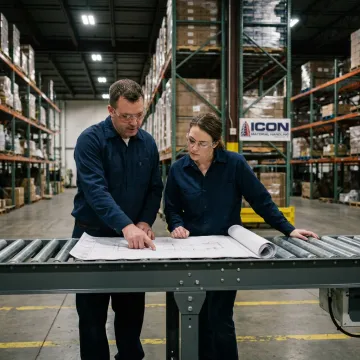 Technicians planning warehouse automation installation