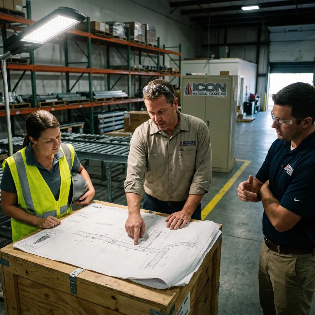 Warehouse team reviewing material handling equipment plans