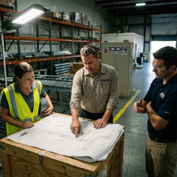 Warehouse team reviewing material handling equipment plans