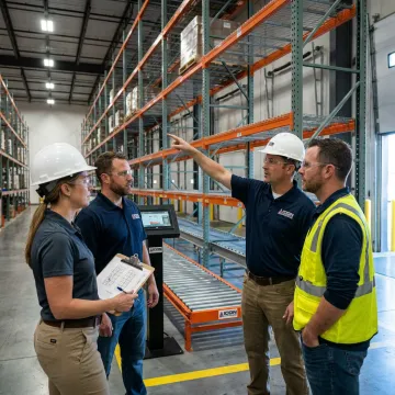 Team reviewing warehouse material handling layout