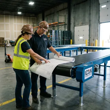 Technicians planning conveyor installation