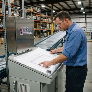 Engineer reviewing conveyor system plans