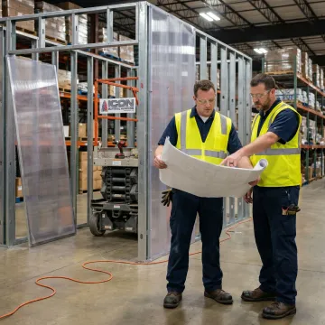 Technicians planning modular office installation