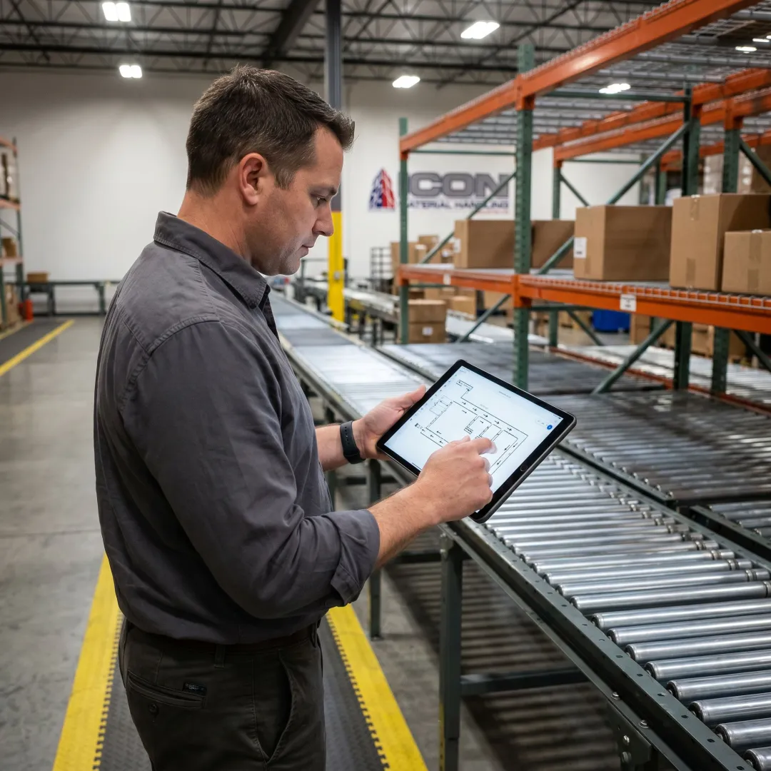 Consultant planning conveyor workflow in warehouse