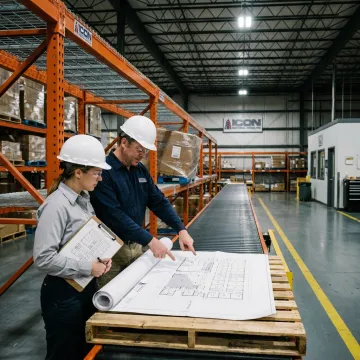 Warehouse automation team planning conveyor installation