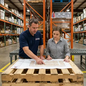 Warehouse planning team reviewing racking and conveyor layout