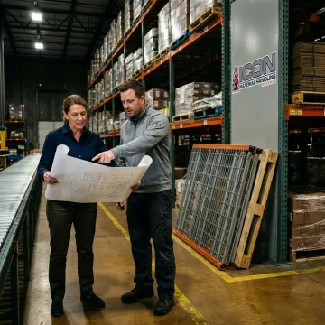 Warehouse team reviewing racking and conveyor plans