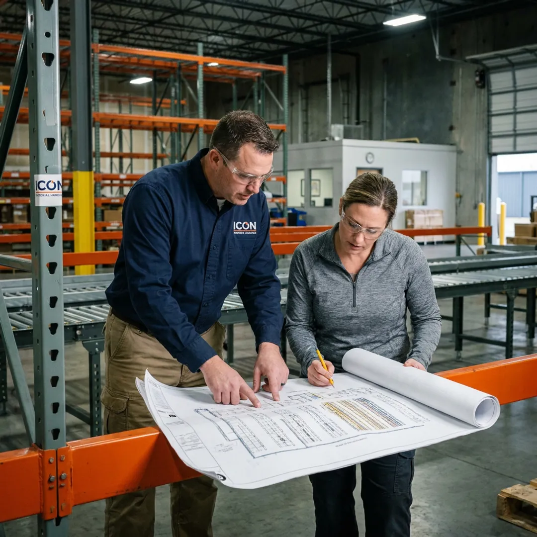 Warehouse design-build team reviewing facility plans