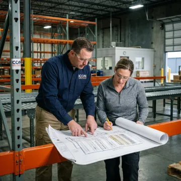 Warehouse design-build team reviewing facility plans