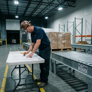 Engineer reviewing conveyor layout plans