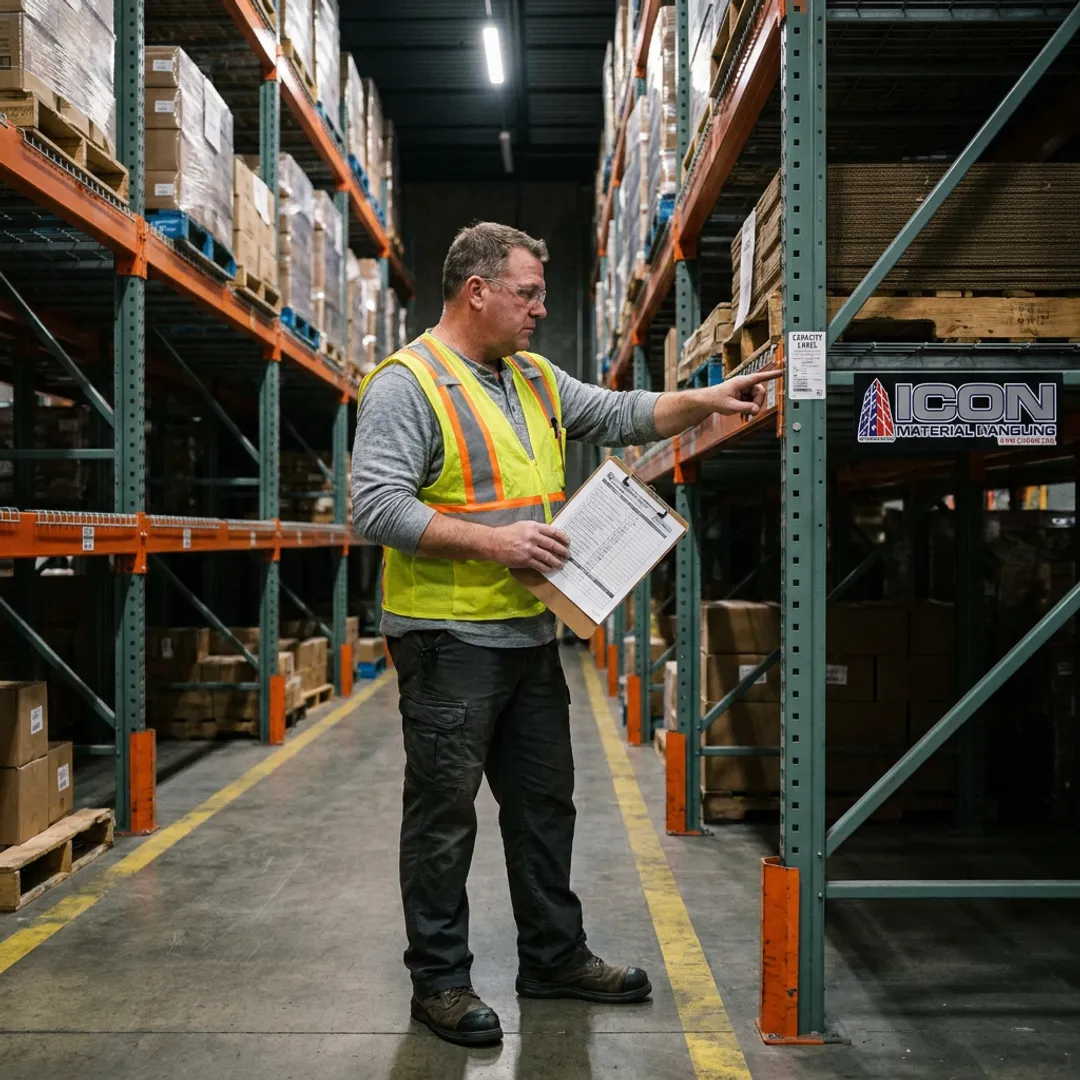 Technician reviewing pallet rack capacity labels