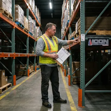 Technician reviewing pallet rack capacity labels