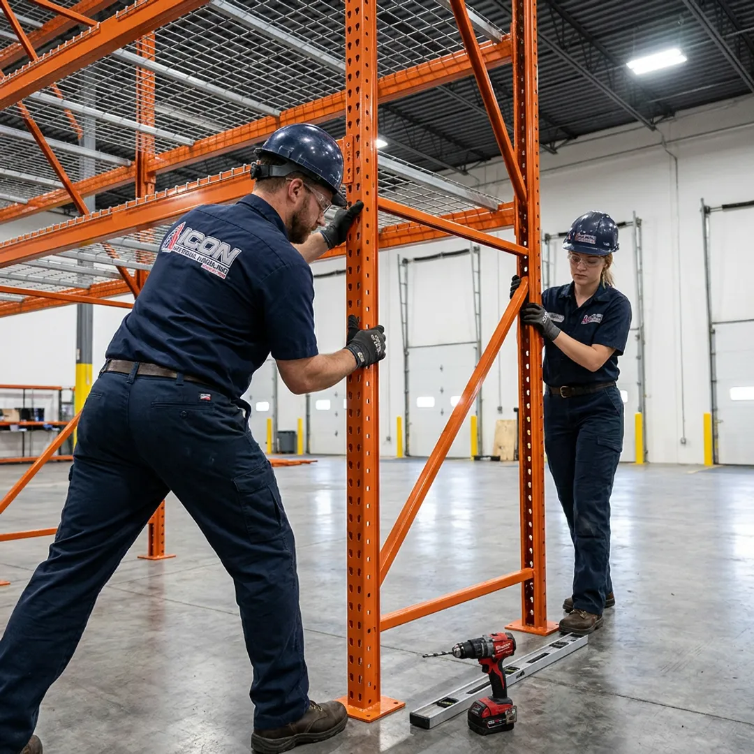 Warehouse rack repair team working on pallet racking